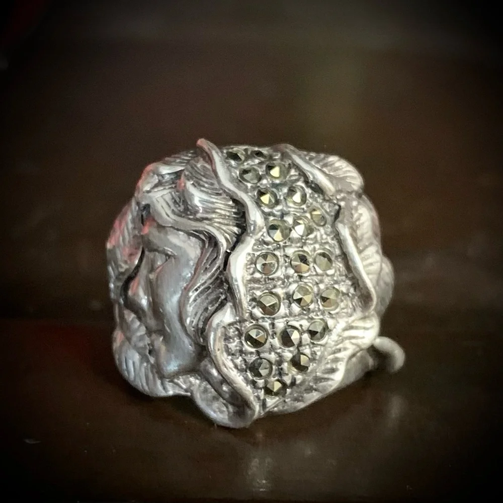 Vintage Woodland Goddess Marcasite sterling silver ring